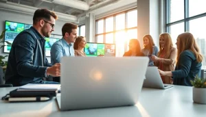 Collaborative website development team discussing strategies at https://rr88sn.com/ with modern technology.