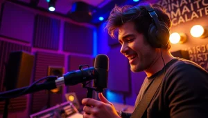 Using the MV88 microphone, a musician records passionately in a colorful studio setting.