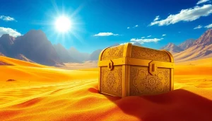 Unraveling the mysteries of King Solomon's Mine with a treasure chest in a dramatic desert setting.