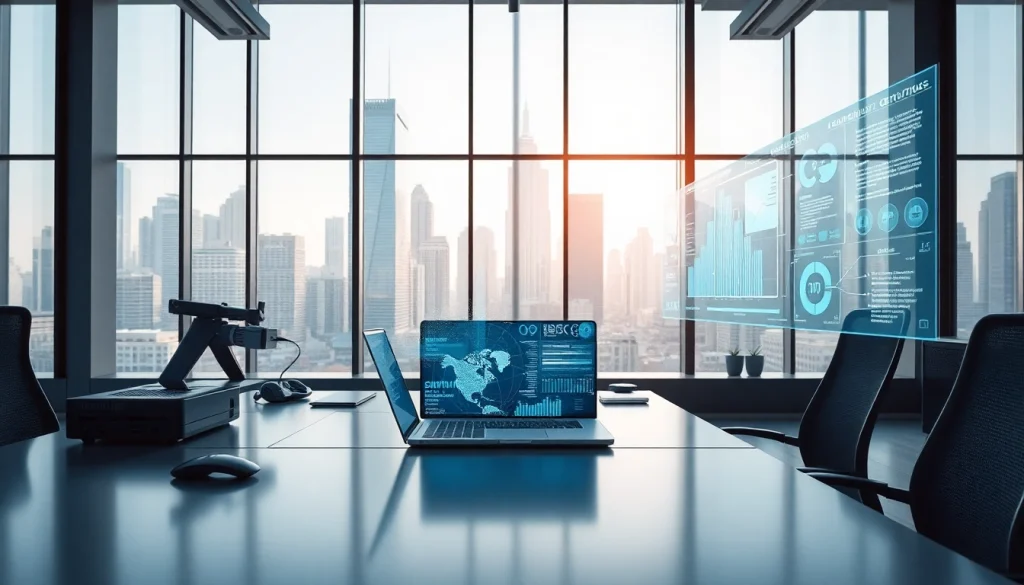 Illustration of advanced technology workspace emphasizing real-time data and modern tech.