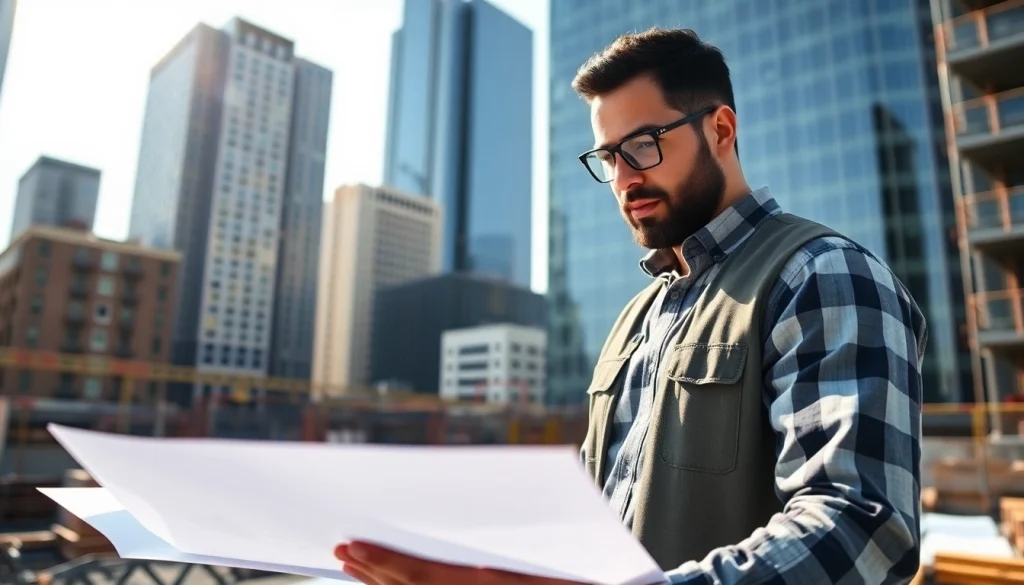 New York City Construction Manager examining plans on a bustling construction site.