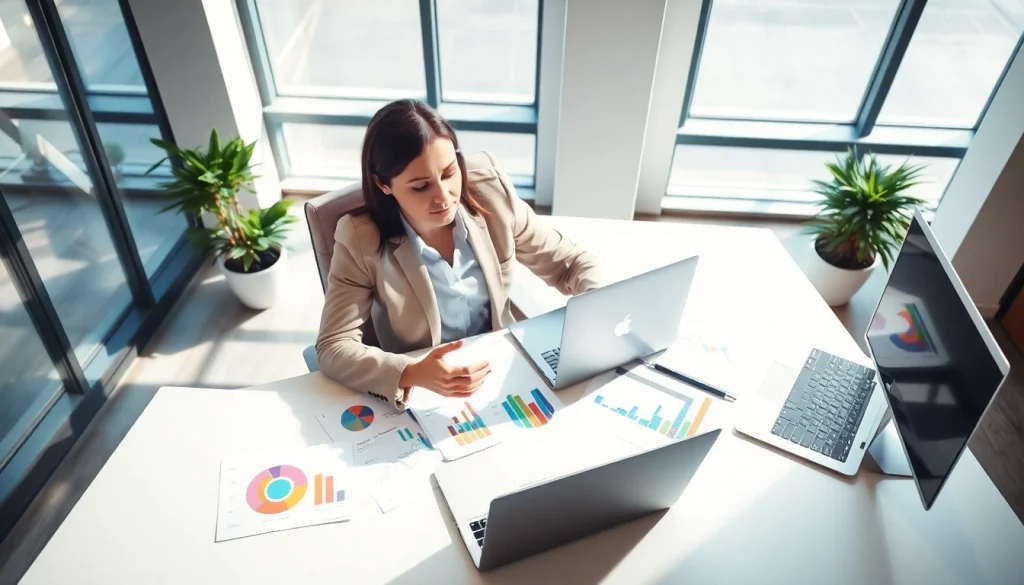 B2B mystery shopping evaluator analyzing competitor data in a vibrant office environment.