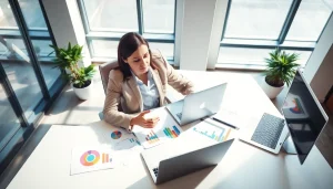 B2B mystery shopping evaluator analyzing competitor data in a vibrant office environment.