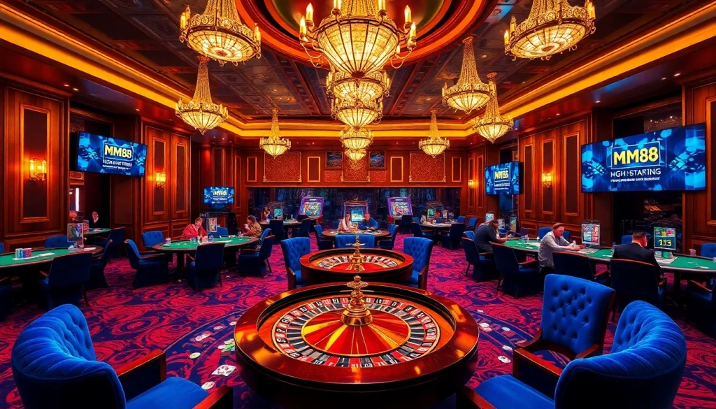 Experience the thrill of MM88 with players enjoying poker at luxurious casino tables under glowing chandeliers.