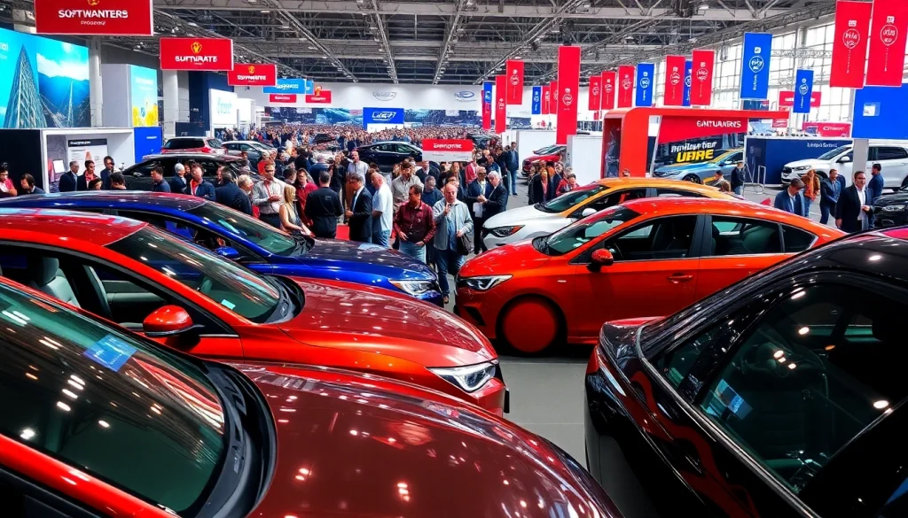 Visitors engaging with sleek vehicles at an Auto Cars Show event, capturing excitement and innovation.