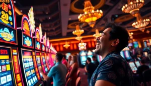 ผู้เล่นเพลิดเพลินกับการชนะในคาสิโนที่มีสีสันสวยงามและบรรยากาศมีชีวิตชีวา