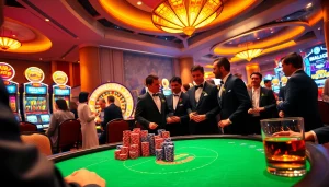 Hi88 casino gaming scene with players at a poker table, vibrant and exciting.