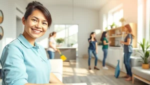 Engaged cleaning service team tidying a bright home, ensuring a pleasant atmosphere.