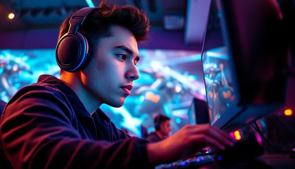 Engaging gamer at https://gamelevate.com with high-tech setup and vibrant background illustrating gaming culture.