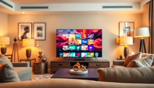 Iron TV Pro featured in a modern living room setup with cozy ambiance.