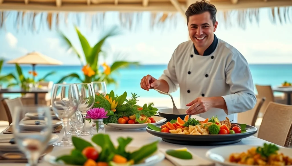 Elevated private chef Sint Maarten service with chef preparing gourmet cuisine in a beach villa setting