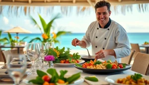 Elevated private chef Sint Maarten service with chef preparing gourmet cuisine in a beach villa setting