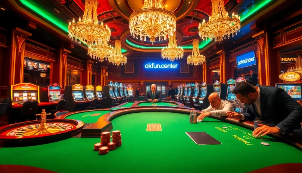 Experience the thrilling atmosphere of gambling at https://okfun.center/ with players at a poker table and exquisite slot machines.