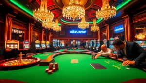 Experience the thrilling atmosphere of gambling at https://okfun.center/ with players at a poker table and exquisite slot machines.