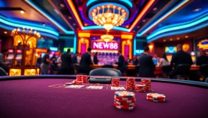 Players engage at a vibrant poker table at Nhà Cái NEW88 casino, showcasing excitement and luxury.