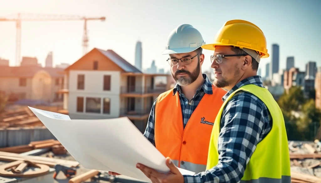 New York General Contractor reviewing blueprints on a construction site with the skyline in the background.