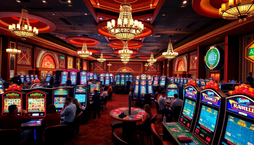 คาสิโน ที่มีบรรยากาศสุดหรู พร้อมเกมโต๊ะและสล็อตที่เต็มไปด้วยผู้เล่น