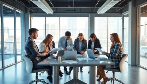 Accountants collaborating in a professional accounting firm setting, showcasing teamwork and modern design.