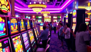 Menikmati keseruan bermain slot gacor di mesin slot berwarna-warni dengan pemain yang merayakan kemenangan.