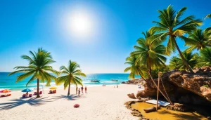 Clima em Paripueira: Dia ensolarado e claro em uma praia bonita com palmeiras, guarda-sóis coloridos e barcos de pesca.