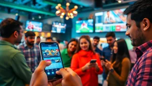 Engaging group using the best sports betting apps in India amidst a vibrant sports bar atmosphere.