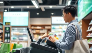 신용카드 현금화하는 장면, POS 단말기 사용 모습과 함께 신뢰감 있는 쇼핑 환경을 연출합니다.