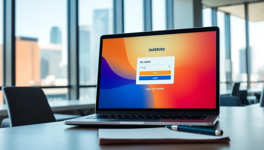 Masukkan suletoto login pada antarmuka digital di laptop modern dengan latar belakang kota.