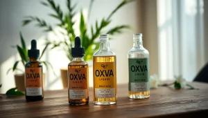 Oxva Liquid Flaschen auf einem rustikalen Tisch, umgeben von sanften Farben und einem einladenden Ambiente.