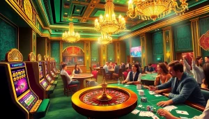 Exciting casino gameplay at mm88.com with enthusiastic players and vibrant slot machines.