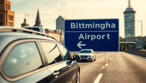 Taxi Nottingham to Birmingham Airport vehicle driving towards Birmingham Airport with city landmarks.