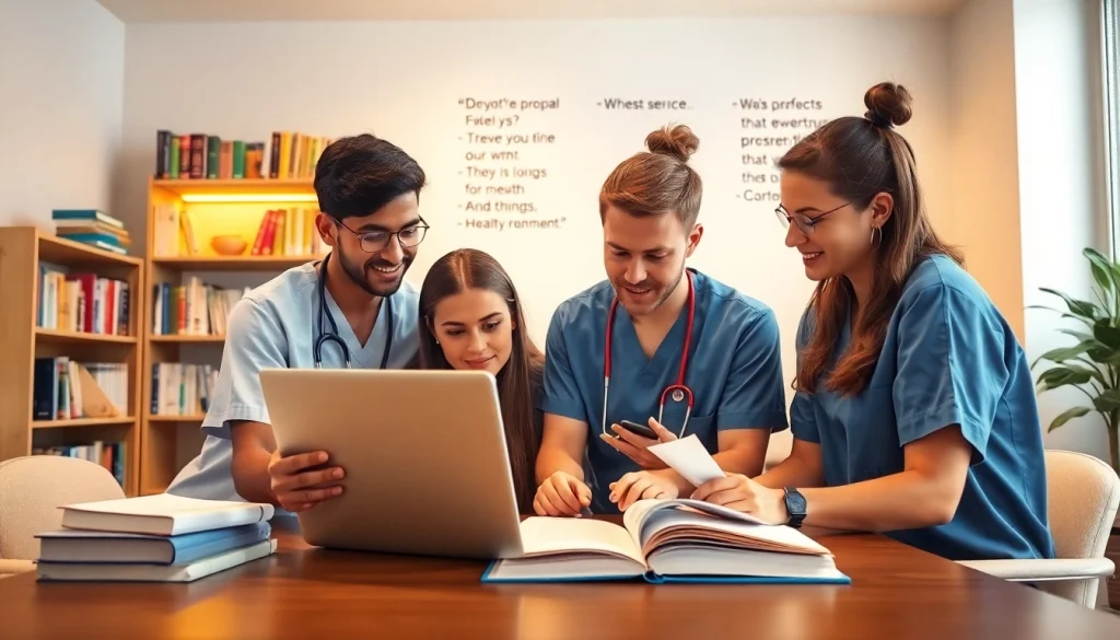 Engaged students utilizing nursing paper writing services in a collaborative office space.