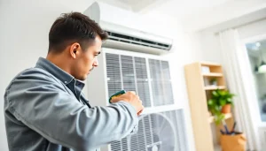 Technician servicing HVAC unit on https://nobleheatingairservices.com in a bright home