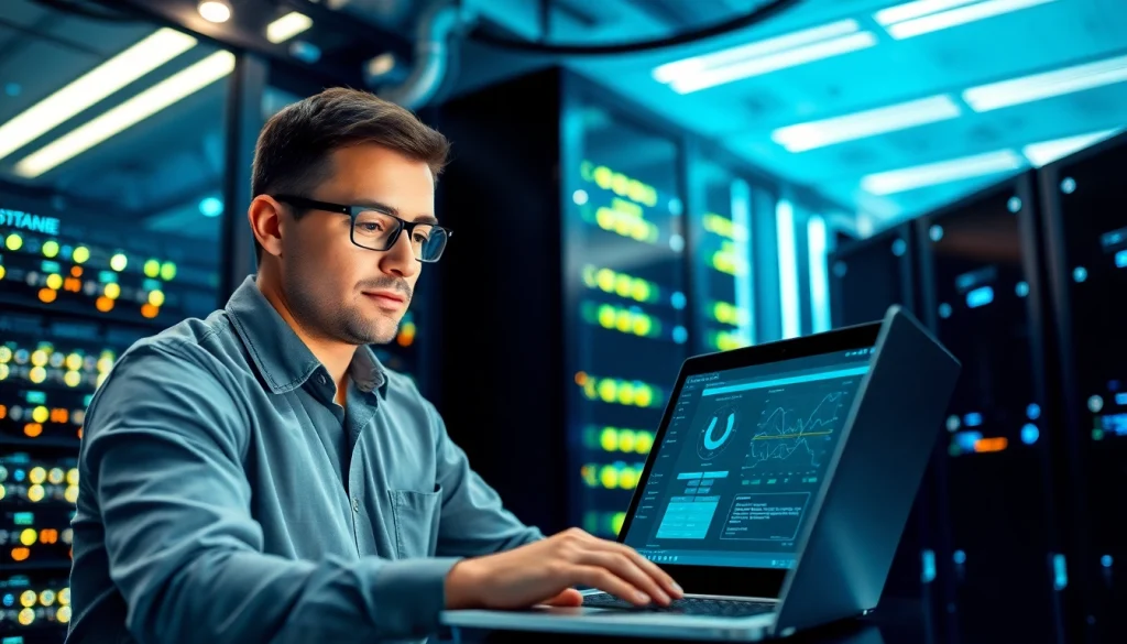 Enhance server management efficiency with a technician in a modern data center setting.