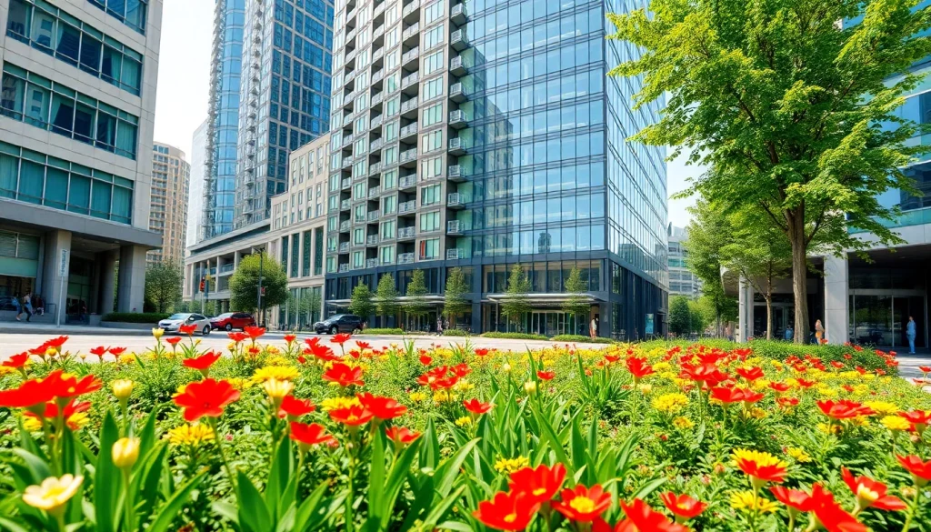 Showcase the latest developments at https://newdeveloperlaunch.sg featuring an elegant condo in a vibrant urban setting.