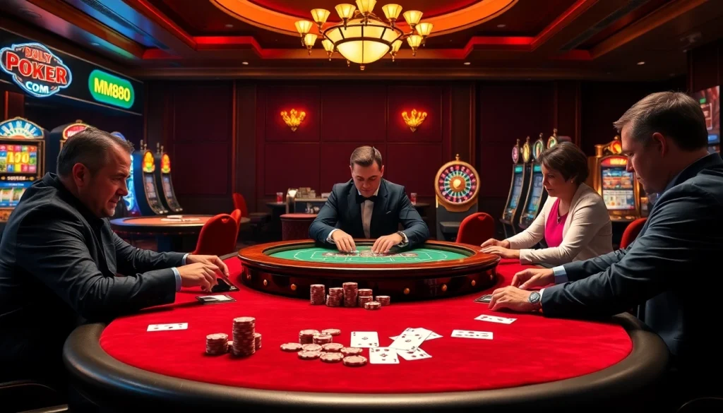 Engage in a thrilling poker game at MM88 COM, showcasing vibrant casino elements and luxury.