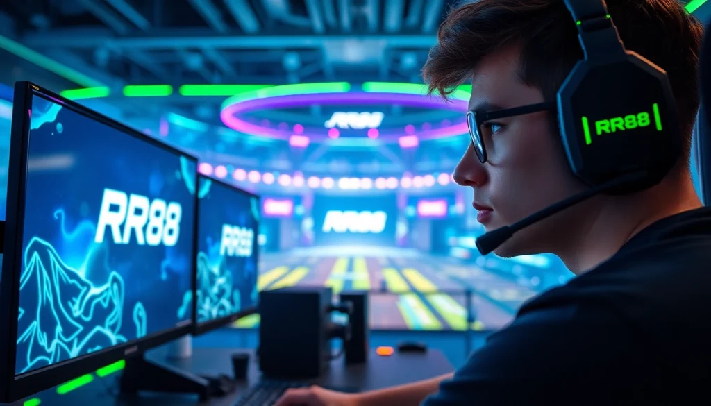 Engaged gamer showcasing intense focus with RR88 branding in a vibrant gaming setup.