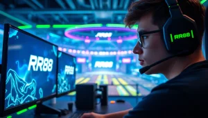 Engaged gamer showcasing intense focus with RR88 branding in a vibrant gaming setup.
