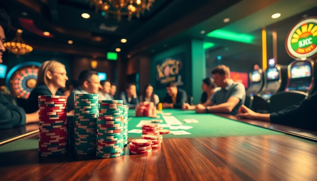 KJC poker game scene capturing excitement with colorful chips and focused players