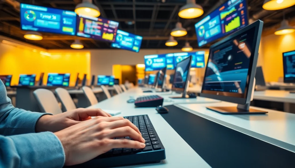 Efficient typist actively engages in work at the typing center, showcasing modern equipment and productivity.