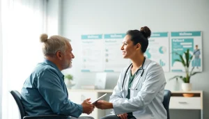 Engaged doctor discussing Health topics with a patient in a modern clinic setting.