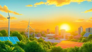 Visualize sustainability with a vibrant cityscape representing https://www.unsustainablemagazine.com and renewable energy.