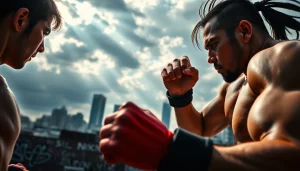 Capture a thrilling Martial Arts Thriller duel between two expert fighters in an urban setting.