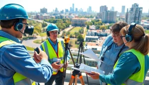 Conducting a noise impact assessment with professionals measuring sound levels in an urban area.