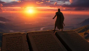 Discover the essence of www.trilgameshproject.com through a heroic depiction of Gilgamesh overlooking an ancient landscape.