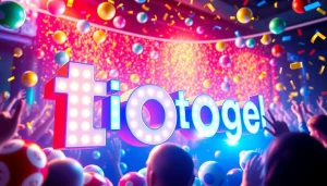 Menampilkan suasana ceria dari diantogel dengan nomor lotre berwarna-warni dan perayaan.