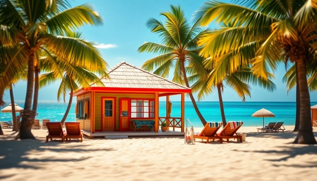 Experience the tropical charm of a coastal cabana on a sunny beach with palm trees and vibrant colors.