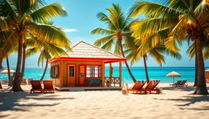 Experience the tropical charm of a coastal cabana on a sunny beach with palm trees and vibrant colors.