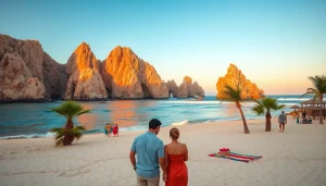 Couple enjoying Cabo sunset beach scene for Cabo travel guide 2025.