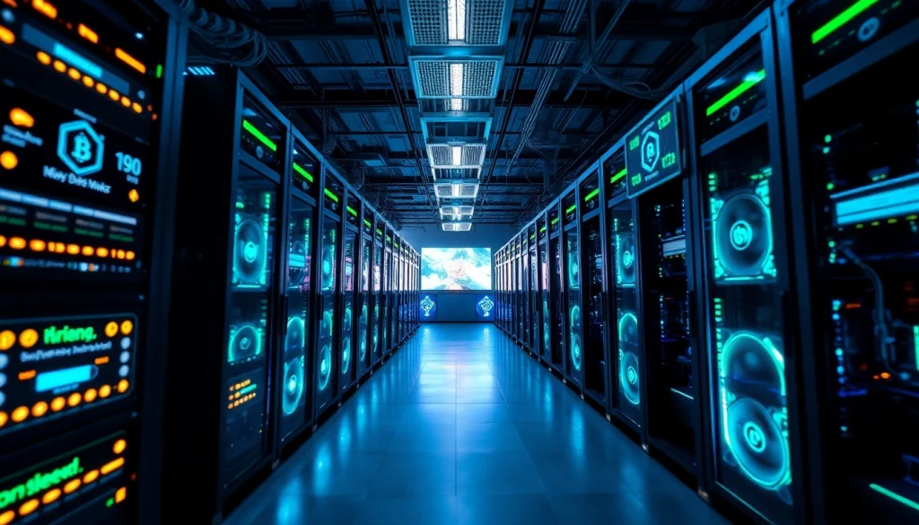 Advanced crypto mining rigs illuminated with blue lights in a modern facility.