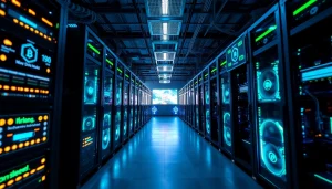 Advanced crypto mining rigs illuminated with blue lights in a modern facility.